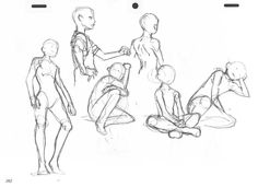 some sketches of people sitting and standing in front of each other with their hands on their hips