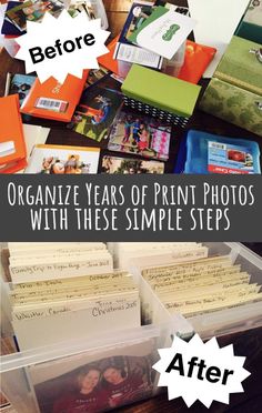 an organized desk with pictures and folders on it, the title says organize years of print photos with these simple steps