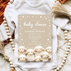 a baby shower with sheep and stars on the front is shown next to other items