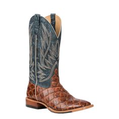 Anderson Bean Men's Horse Power Cognac Fish Print and Blue Double Welt Wide Square Toe Cowboy Boots | Cavender's Anderson Bean Boots, Square Toe Cowboy Boots, Square Toe Western Boots, Man On Horse, Boot Companies, Square Toe Boots, Bean Boots, Fish Print, Cowgirl Boots