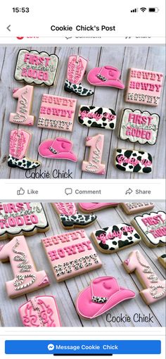 two screens showing cookies decorated with pink and black icing, one has a cowboy hat on it