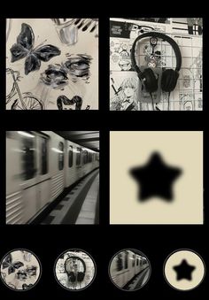 a series of photos with black and white images in the middle one has headphones on