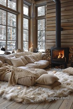 a living room filled with lots of furniture and a fire place in the middle of it