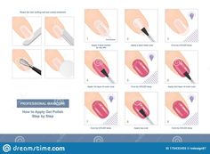 Illustration about How to Apply Gel Polish Step by Step. Professional Manicure Tutorial. Vector illustration. Illustration of correction, coat, apply - 170432455 How To Apply Nail Polish Step By Step, Gel Polish Steps, Gel Polish Step By Step, Dry Manicure Step By Step, Gel Nail Step By Step, Manicure Tutorial Step By Step, How To Apply Gel Nail Polish At Home, Russian Manicure Step By Step, Gel Nail Tutorial Step By Step