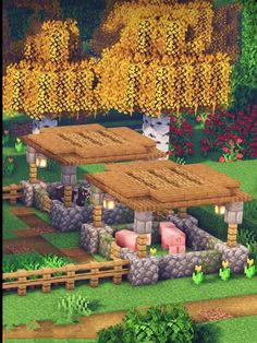 an image of a farm in the middle of some trees and bushes with flowers around it