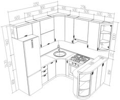 a drawing of a kitchen with an oven, sink and countertop area in the center