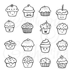 cupcakes and muffins with different toppings on them, drawn in black ink