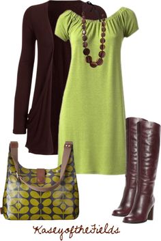 "Browns and Greens" by kaseyofthefields on Polyvore, love the outfit & boots, ditch that ugly bag though and go w/a chocolate leather coach bag! Outfit Chic, Komplette Outfits, Work Attire, Polyvore Outfits, Look Chic, Look Fashion, Green Dress, Cute Dresses