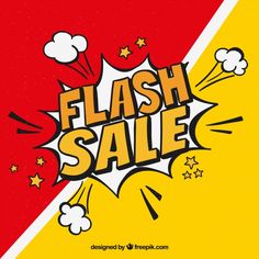 a flash sale poster with comic style lettering and stars on red, yellow and white background