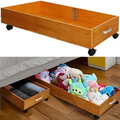 an open drawer with stuffed animals in it next to a wooden bed frame on wheels