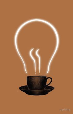 a coffee cup with steam rising out of it's top, in front of a lightbulb