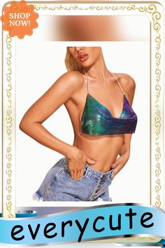 Fashion Metal Crop Top Summer Sexy Club Femme Backless Bralette Vest Beach Halter Gold Sequined Party Women Tank Camisole Croppe Party Halter Top With Spaghetti Straps And Built-in Bra, Glamorous Halter Neck Top For Beach, Backless Strap Crop Top For Club, Backless Strapped Crop Top For Club, Backless Crop Top With Straps For Club, Glamorous Triangle Halter Top For Parties, Party Crop Top With Built-in Bra And Strappy Shape, Party Backless Halter Top With Built-in Bra, Fitted Halter Top With Straps For Party