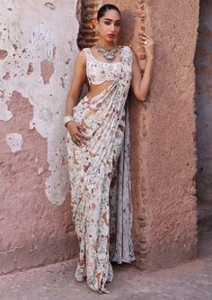 Tanishka Ivory Printed Sari And Blouse by Seema Thukral available on Indiaspopup.com Graduation Saree, Appliqué Work, Saree Jacket Designs, Saree Jackets, Floral Saree, Stunning Outfits, Saree Look, Desi Fashion, Effortless Elegance