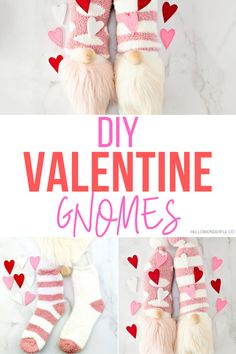 valentine gnomes made out of yarn with text overlay that says diy valentine gnomes