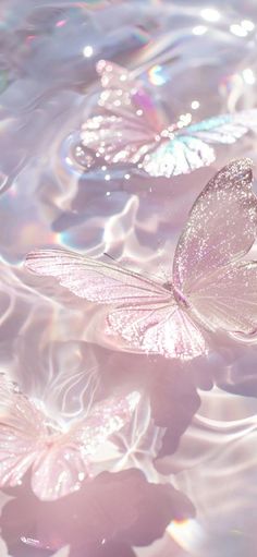 two pink butterflies floating on top of water next to each other in the sun light