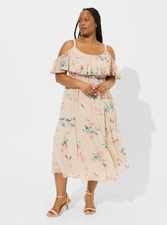 Tea Length Chiffon Cold Shoulder A-Line DressTea Length Chiffon Cold Shoulder A-Line Dress, ORCHID GARDENS FLORAL CHATEAU GRAY Chiffon Ruffle Dress, New Street Style, Off Shoulder Dresses, Dress Images, Tea Length Dresses, Chiffon Ruffle, Everything Pink, Torrid Dresses, Floral Chiffon