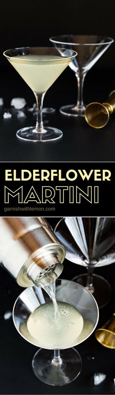 two martini glasses filled with white liquid on top of a black background and the words elderflower martini in gold lettering