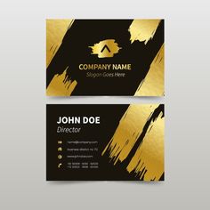 a business card with gold paint strokes on the front and back, in black and white