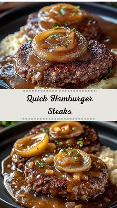 hamburger steaks with onion rings and gravy on top are served over mashed potatoes