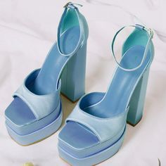 Brand New Pretty Little Things Baby Blue Platform Block Heels. 6 Inches. Platform Heels. Block Heels. Baby Blue. Blue Heels For Prom, Blue Quince Heels, Light Blue Platform Heels, Grad Accessories, Platform Heels Aesthetic, Baby Blue Shoes, Baby Blue Heels, Blue Platform Heels