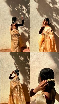 woman in yellow sari talking on her cell phone while standing next to a wall