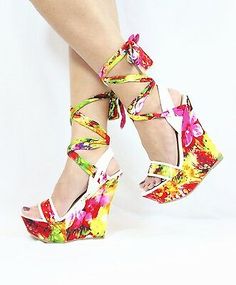 Bamboo Skyline Satin Floral Peep Toe Bloom Print Ankle Wrap Platform Wedge | eBay Adjustable Multicolor Wedge Sandals, Adjustable Multicolor Wedge Sandals For Spring, Bohemian Style Shoes, Peep Toe Wedge Sandals, Hat Jewelry, Cute Shoes Heels, Ankle Wrap, Platform Wedge, Platform Wedges