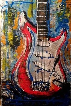 an abstract painting of a red and white guitar