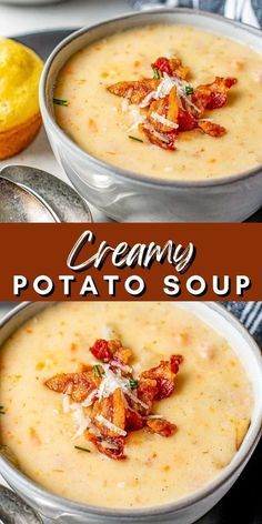 creamy potato soup with bacon and parmesan cheese in two bowls on a table