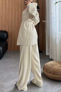 SPU: YSYYJ240905038 Style: Elegant Color: Beige/Grey Season: Fall/Winter Neckline: Lapel Sleeve Length: Long Sleeve Material: Blend Size: S/M/L/XL/2XL/3XL Top Size: Size Chart： Length Bust Sleeve Length CM inch CM inch CM inch S 75 29.5  95 37.4  62 24.4  M 76 29.9  100 39.4  63 24.8  L 77 30.3  105 41.3  64 25.2  XL 78 30.7  110 43.3  65 25.6  2XL 79 31.1  115 45.3  66 26.0  3XL 80 31.5  120 47.2  67 26.4  Pant Size: Size Chart： Length Waist Hip CM inch CM inch CM inch S 101 39.8  70 27.6  95 37.4  M 102 40.2  75 29.5  100 39.4  L 103 40.6  80 31.5  105 41.3  XL 104 40.9  85 33.5  110 43.3  2XL 105 41.3  90 35.4  115 45.3  3XL 106 41.7  95 37.4  120 47.2  This data was obtained from manually measuring the product, it may be off by 1-2 CM. Casual Long Sleeve Winter Sets, Casual Ribbed Sets For Fall, Casual Long Sleeve Sets For Winter, Cozy Long Sleeve Sets For Fall, Winter Beige Cotton Set, Beige Long Sleeve Sets For Spring, Solid Ribbed Winter Sets, Ribbed Loungewear Sets For Winter, Winter Solid Color Ribbed Sets