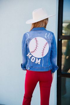 Sports Denim Jacket, Baseball Jean Jacket, Denim Painting, Baseball Clothes, Baseball Mom Outfits