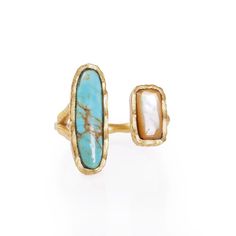 The Deco Twin Stone Ring is a beautiful, unique ring featuring a natural turquoise stone and mother of pearl. This open-styled ring features two classic stones and a textured gold plated ring band. Details: TYPERing COLLECTIONDeco SIZEABLEYes SIZE6+ STONETurquoise PearlAmethyst LapisAventurine METAL TYPE18K gold plating over hypoallergenic & nickel-free brass Symbol Jewelry, Natural Turquoise Stone, Stone Bangle, Symbolic Jewelry, Local Jewelry, Turquoise Rings, Unique Ring, Plated Ring, Gold Plated Rings