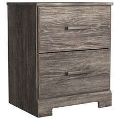 a wooden nightstand with two drawers and one drawer open on the bottom, in grey wood