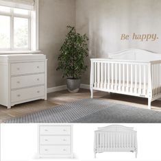 a white crib and dresser in a room with the words be happy on it