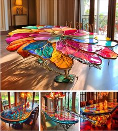 colorful glass table and chairs in the middle of a room