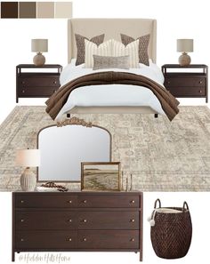 Master King Bedroom Sets, Room Inspo Brown Furniture, Bedroom Ideas Upholstered Bed, Dark Wood Bedroom Decor Ideas, Master Bedrooms Decor Traditional, Brown And Neutral Bedroom, Bedroom Decor Mood Board, Master Bedrooms Beds & Frames, Master Bedrooms With Dark Wood Furniture