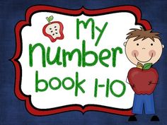 a boy holding an apple in front of a sign that says, my number book i / o