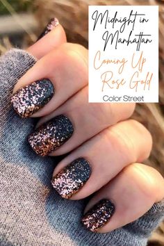 Black Nails And Glitter, Black With Rose Gold Nails, Rose Gold Nails Ideas, Color Street Fall Nails, Black Rose Gold Nails, 2022 Nail Colors, Gold And Gray Nails, Rose Gold Wedding Nails, Fall Color Street