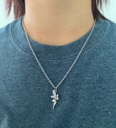 Simple chain necklace with a fairy charm Silver Fairy Grunge Necklace As A Gift, Silver Fairy Grunge Necklace For Gift, Silver Fairy Kei Jewelry For Gifts, Silver Fairy Kei Jewelry Gift, Fairy Kei Silver Jewelry Gift, Handmade Silver Chain, Simple Chain Necklace, Tiny Fairy, Fairy Charms