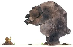 a drawing of a bear and a snail on the ground with one looking at another