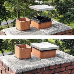 there are two different views of a brick chimney with an open box on the top