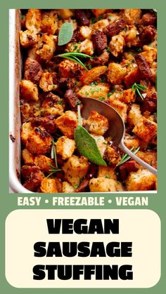 vegan sausage stuffing in a white casserole dish with herbs on top and text overlay