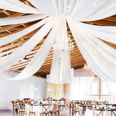 a room filled with lots of tables covered in white drapes