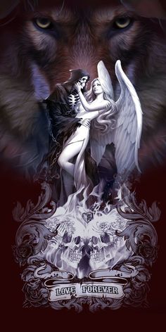 an image of a couple hugging in front of a wolf's face with wings