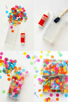 confetti and candy are on the table for this diy party treat bag