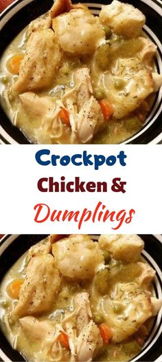 two pictures of chicken and dumplings in a bowl with the words weight watchers crock pot chicken and dumplings