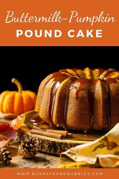 a bundt cake with caramel drizzle and pumpkins in the background