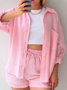 Casual Chique Stijl, Two Piece Loungewear, Stile Casual Chic, Button Outfit, Ribbed Knit Top, Summer Set, Solid Color Shirt, Loungewear Set, Aaliyah