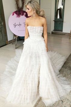 A-Line Strapless Tiered Court Train Ivory Tulle Beach Wedding Dress - Wedding Dresses Tiered Tulle Wedding Dress, Wedding Dress With Belt, Wedding Dress Beach Wedding, Wedding Dress Beach, Ombre Prom Dresses, Wedding Dress Belt, Fancy Wedding Dresses, Gown Bridal, Fancy Wedding