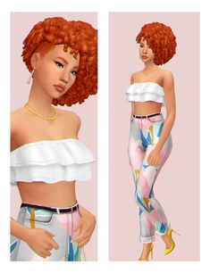 two different views of a woman with red hair wearing white top and colorful leggings