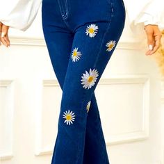 Embroidered Daisy Flare Jeans Blue Non-stretch Jeans With Floral Embroidery, Blue Jeans With Floral Embroidery, Fall Floral Print Blue Jeans, Trendy Blue Jeans With Floral Embroidery, Trendy Blue Jeans With Floral Print, Summer Blue Jeans With Floral Embroidery, Blue Jeans With Floral Embroidery For Summer, Yellow Jeans For Spring, Fitted Jeans With Multicolor Embroidery For Spring